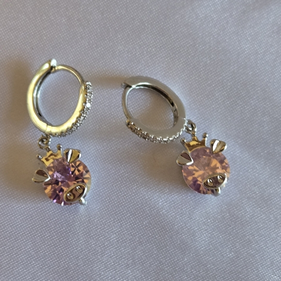 Pretty Bird Silver Hoops with Pink Piggy Faces - Picture 2 of 4